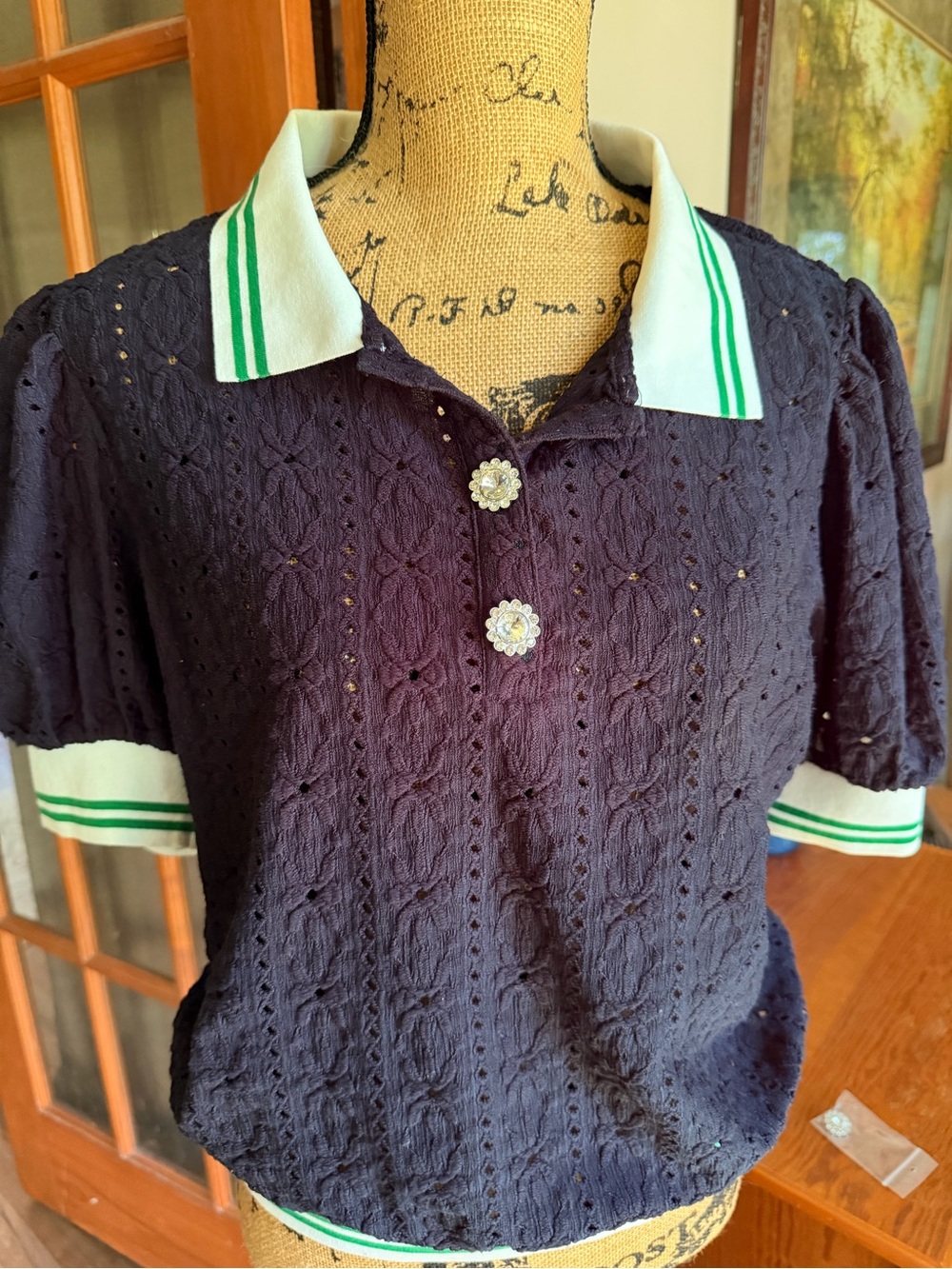 Maeve Navy Eyelet Knit Short Sleeve Polo with White & Green Trim - Picture 2 of 5
